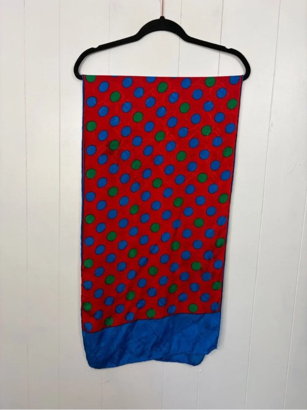 PIERRE BALMAIN Vintage 100% Silk Scarf French Luxury Designer Red Blue Polka Dot